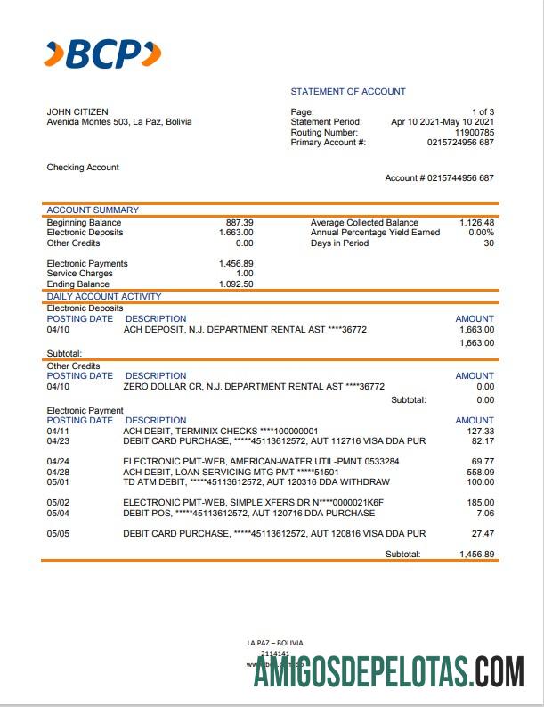 downloadable Bolivia Banco De Crédito De Bolivia modelo de extrato bancário In Word And PDF Format